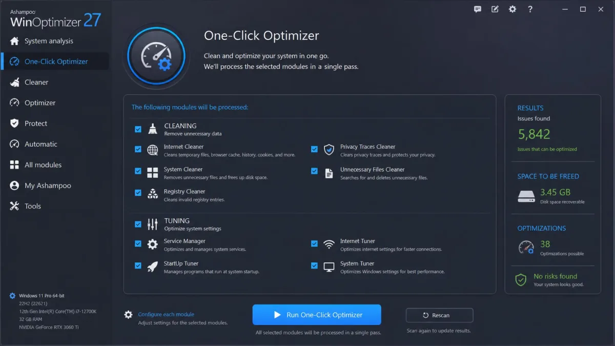 Ashampoo WinOptimizer's One-Click Optimizer results screen with cleaning and tuning modules checked and ready to run in a single pass.