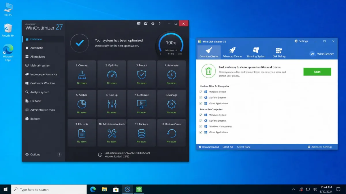 Ashampoo WinOptimizer and Wise Disk Cleaner windows side by side on a Windows desktop, the twelve-module suite next to the simpler single-purpose cleaner.