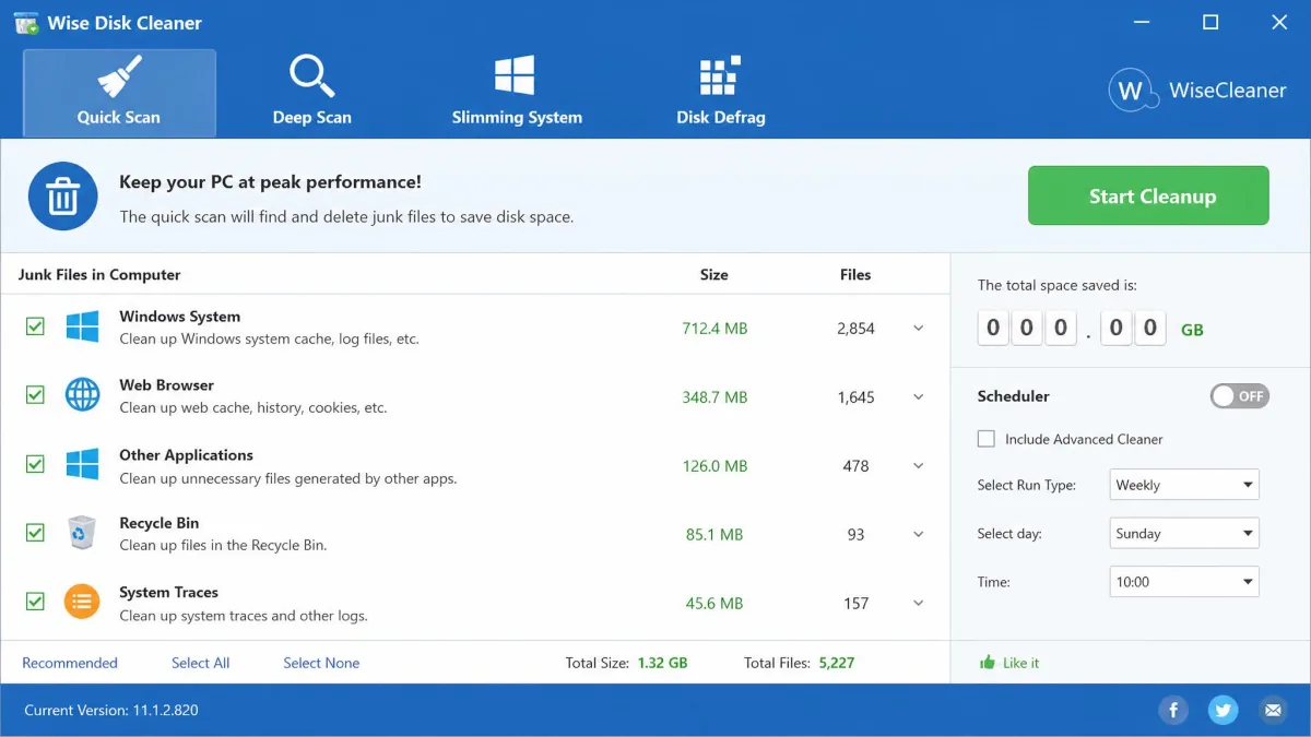 Wise Disk Cleaner main window with the quick scan list and the one-click Start Cleanup button.