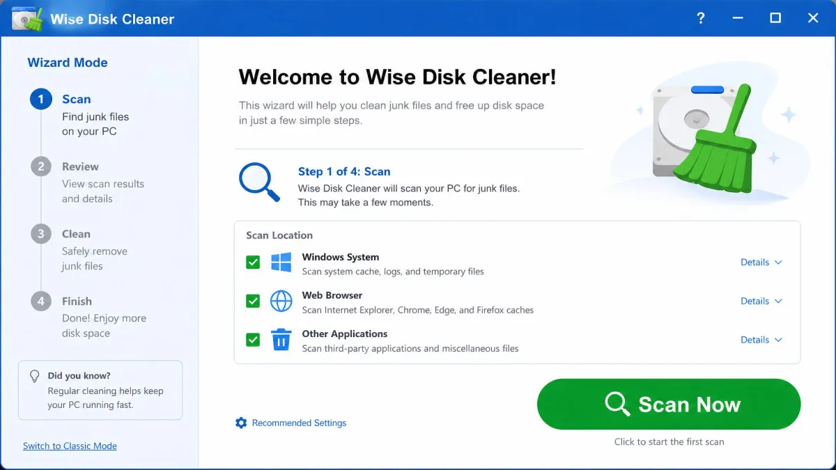 Wise Disk Cleaner's wizard mode walking a beginner through the first scan with simple options and a large Clean button.