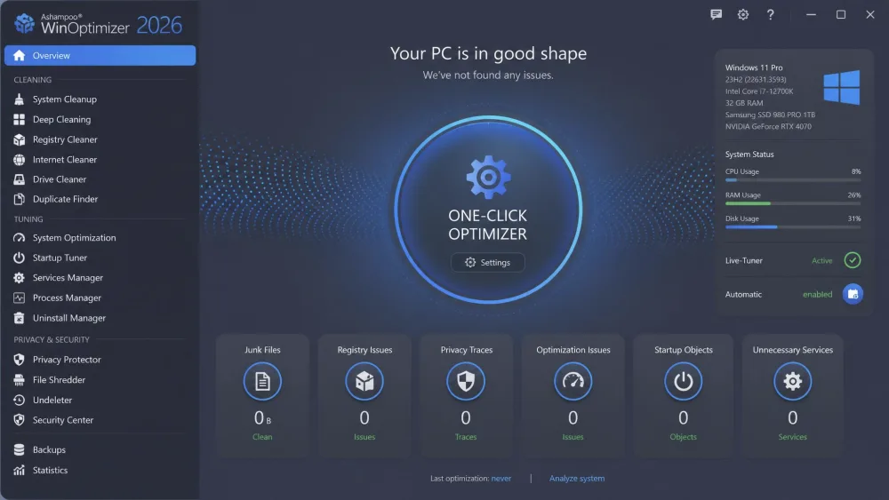 The Ashampoo WinOptimizer 2026 main dashboard showing the One-Click Optimizer button at the center and module tiles for cleaning, tuning, and privacy along the left rail.