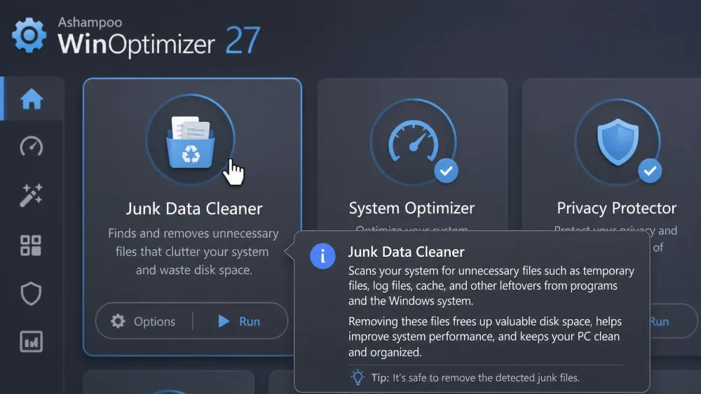 A close-up of an Ashampoo WinOptimizer module tile with a hover-text tooltip open, explaining what the tool does before the user runs it.
