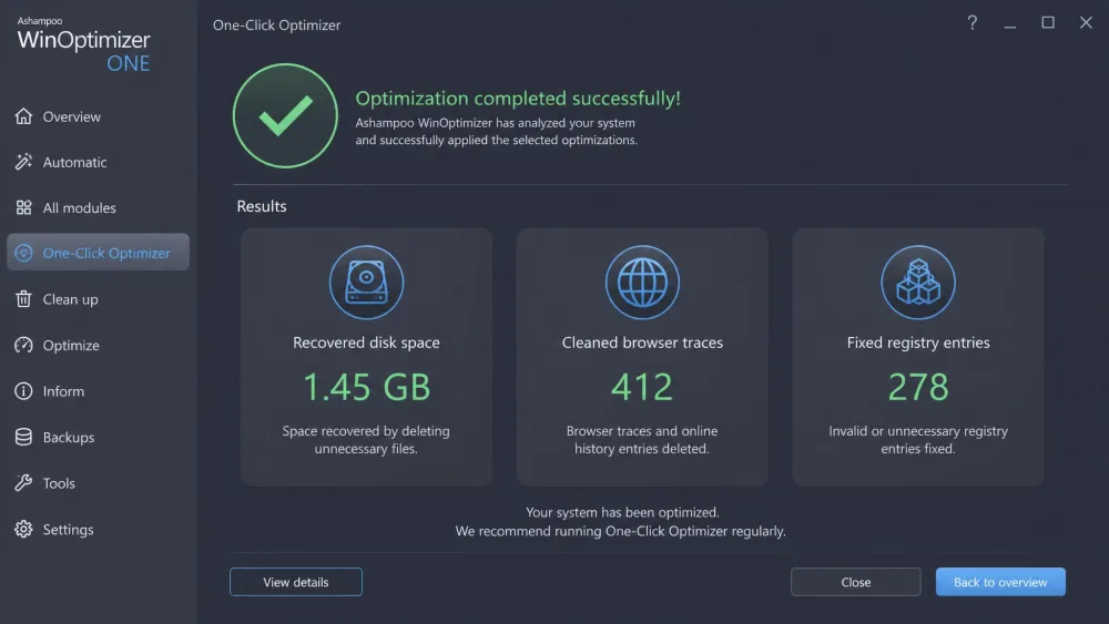The Ashampoo WinOptimizer One-Click Optimizer results screen listing recovered disk space, cleaned browser traces, and fixed registry entries after a scan.
