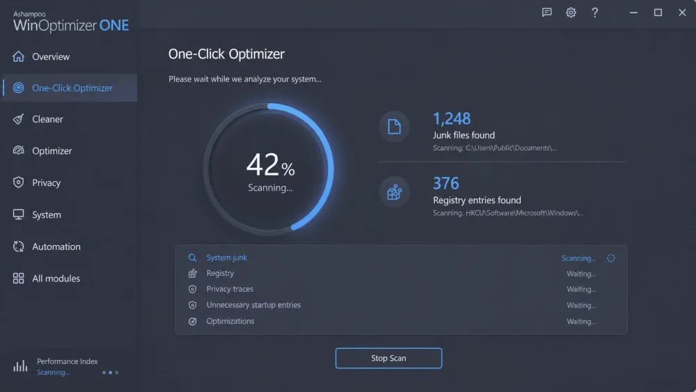 The Ashampoo WinOptimizer One-Click Optimizer mid-scan, with a circular progress indicator and a running tally of junk files and registry entries being found.