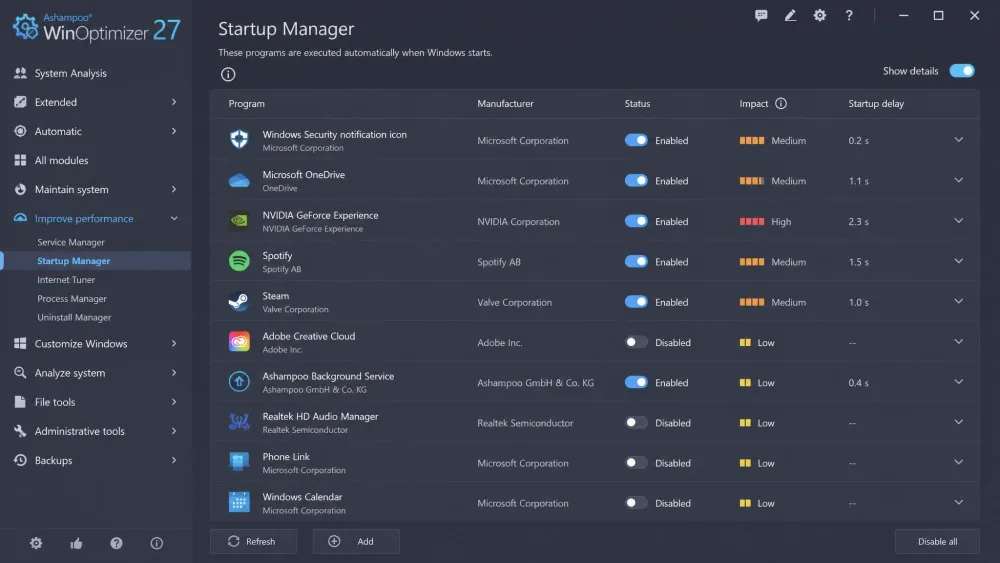 The Ashampoo WinOptimizer Startup Manager listing programs that load at boot, each with an enable or disable toggle and an impact rating beside it.