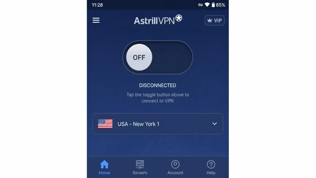Astrill VPN Android app home screen showing the connect toggle and server selector, with no visible kill switch setting in the menu.
