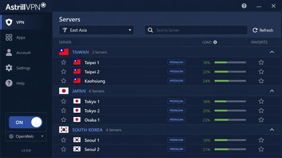 Astrill VPN server list filtered to East Asia, highlighting Taiwan, Japan, and Korea servers commonly used to reach the service from inside China.