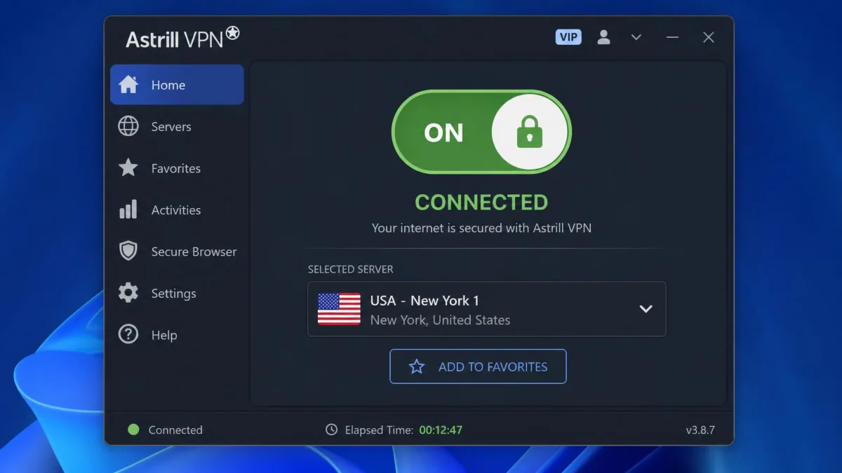 Astrill VPN desktop client showing a connected status with a selected server location and elapsed connection time in the status bar.