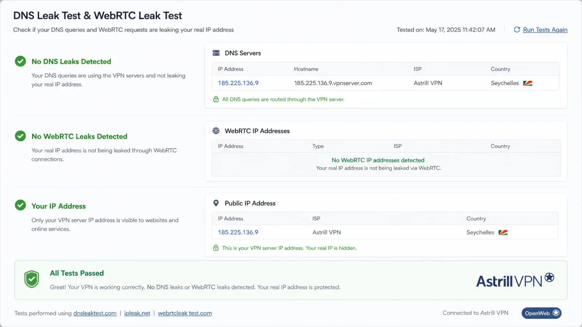 DNS and WebRTC leak test results on desktop with Astrill VPN connected, showing no leaks detected and only the VPN server IP visible.