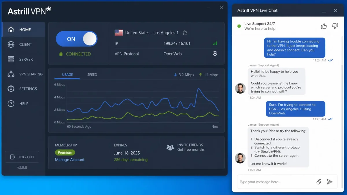 Astrill VPN 24/7 live chat window open in the corner of the desktop app, showing an agent responding to a connection question.