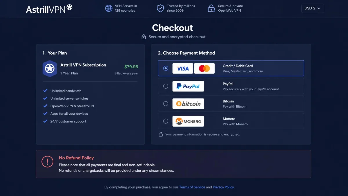 Astrill VPN checkout page showing payment options including Visa, Mastercard, PayPal, Bitcoin, and Monero, with the no-refund policy notice below.