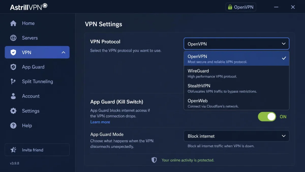 Astrill VPN settings panel showing the protocol selector with OpenVPN, WireGuard, StealthVPN, and OpenWeb options, plus the App Guard kill switch toggle.