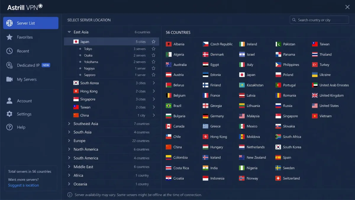 Astrill VPN server location list showing 56 countries grouped by region, with the East Asia section expanded to show city-level options.
