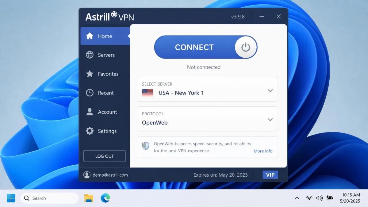 Astrill VPN Windows client open on the main dashboard, showing the connect button, server selector, and protocol dropdown set to OpenWeb.