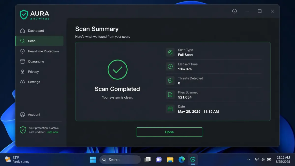 Aura antivirus scan summary on a Windows laptop showing a completed full scan, elapsed time of about 13 minutes and zero threats detected.