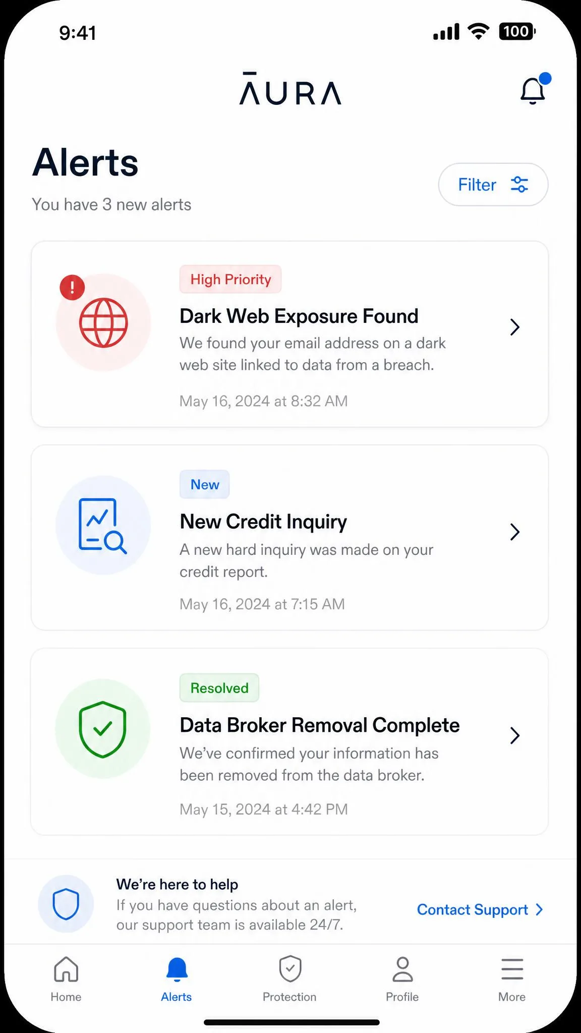 Aura's iPhone app alerts feed listing a dark web exposure notice, a new credit inquiry and a data broker removal confirmation with timestamps.