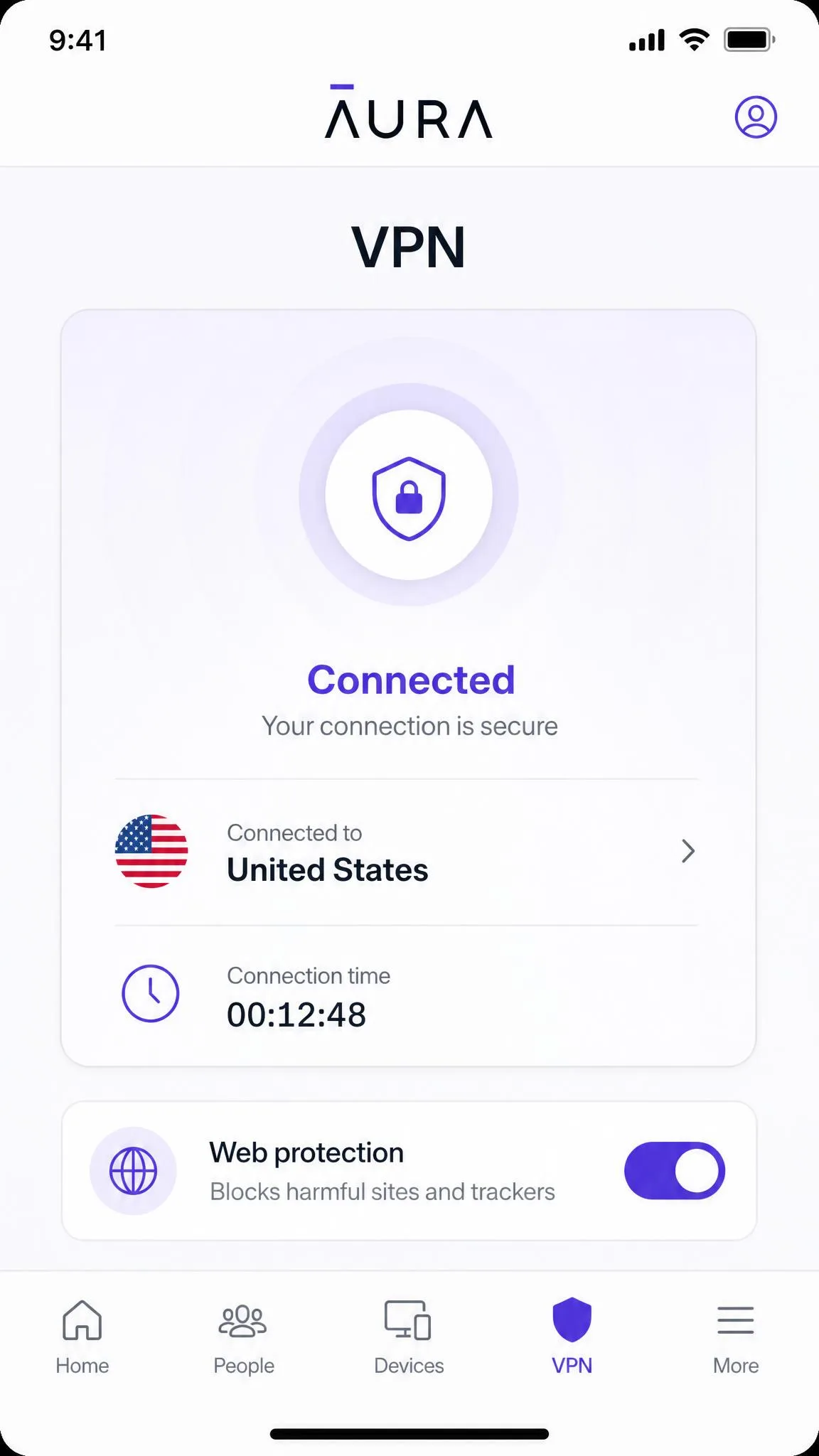 Aura's mobile app VPN tab showing a connected US server, the connection timer and the toggle for web protection beneath it.