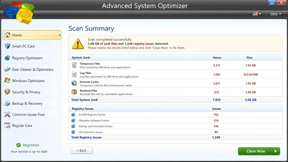 The Advanced System Optimizer scan summary showing about 5GB of junk detected on a Windows test PC, with categorized results for system junk and registry issues.