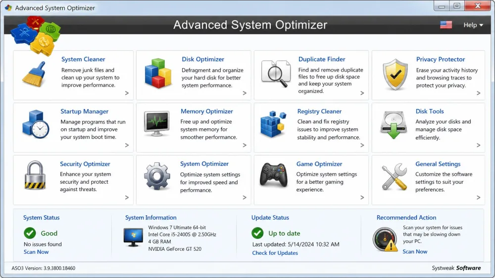The Advanced System Optimizer home screen showing its grid of utility tiles including duplicate finder, disk optimizer, and game optimizer in a dated flat interface.