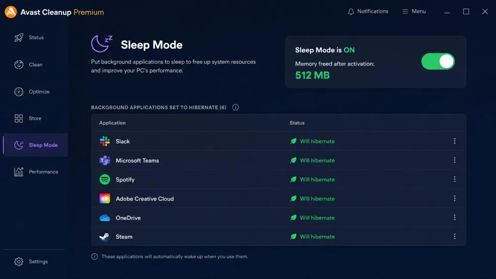 The Avast Cleanup Premium Sleep Mode panel listing background applications set to hibernate, with a toggle showing memory freed after activation.