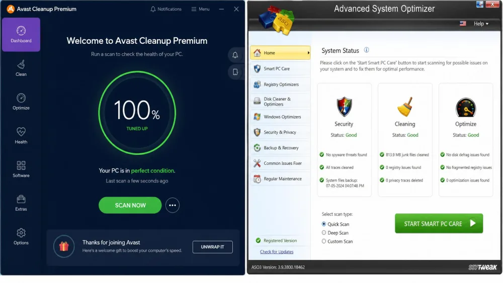 Side-by-side screenshot of the Avast Cleanup Premium dashboard next to the Advanced System Optimizer main window, showing each app's scan and cleanup buttons.