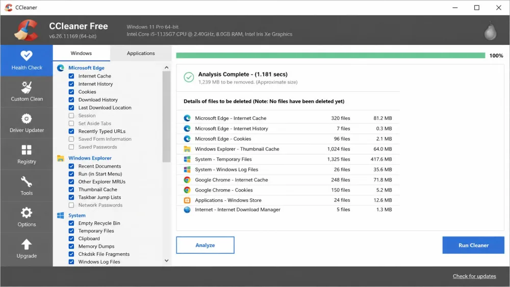 The CCleaner main interface shown as an alternative PC cleaner, with its analyze and run-cleaner buttons and a list of junk categories selected.