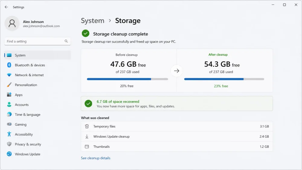 A Windows storage settings screen showing before-and-after free space figures after running a PC cleanup tool, with several gigabytes recovered.