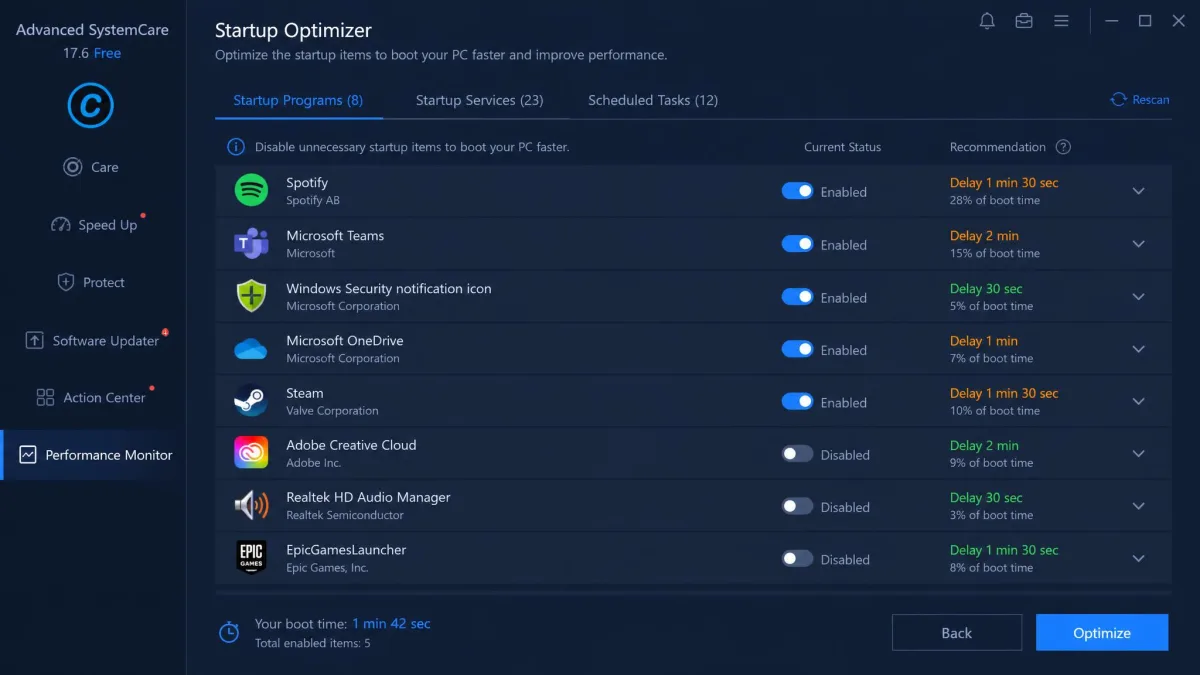 Advanced SystemCare's startup optimizer screen listing startup programs, services, and scheduled tasks with toggle switches and delay-time recommendations beside each entry.