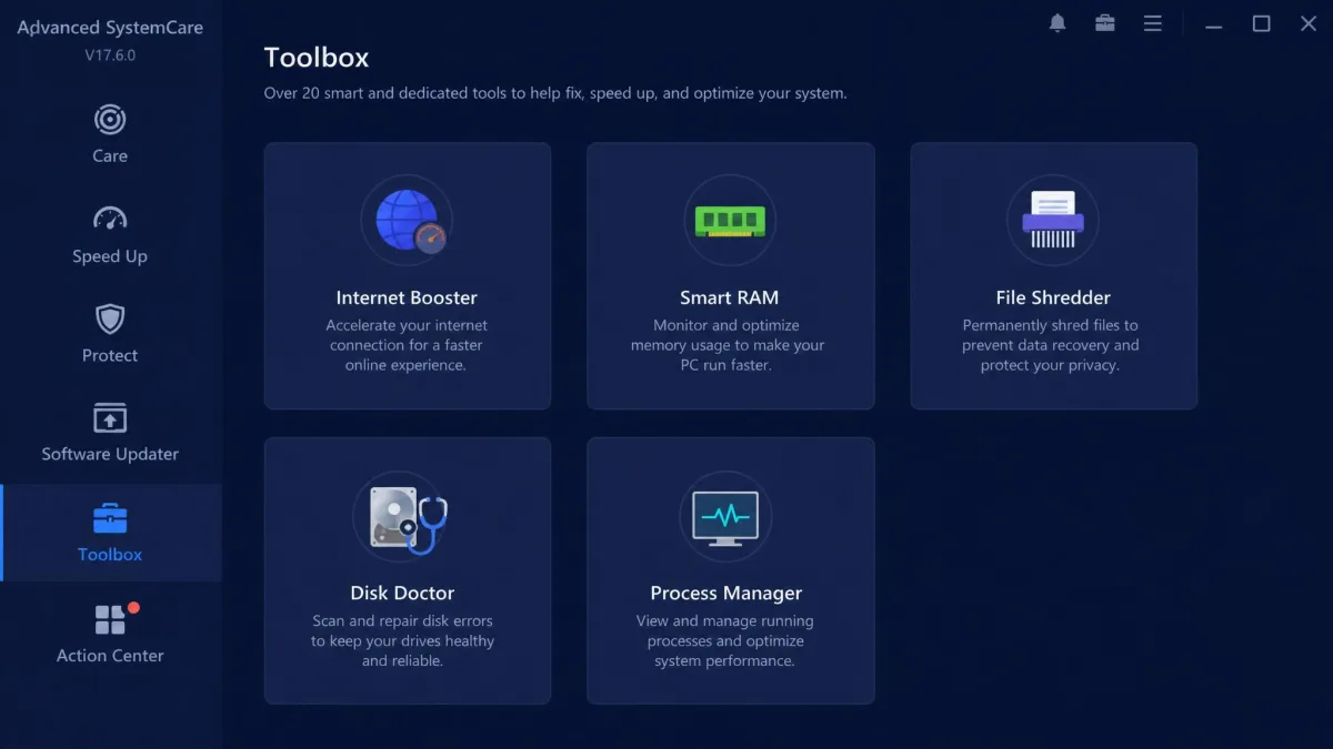 Advanced SystemCare's Toolbox grid showing tiles for Internet Booster, Smart RAM, File Shredder, Disk Doctor, and Process Manager on a dark blue background.