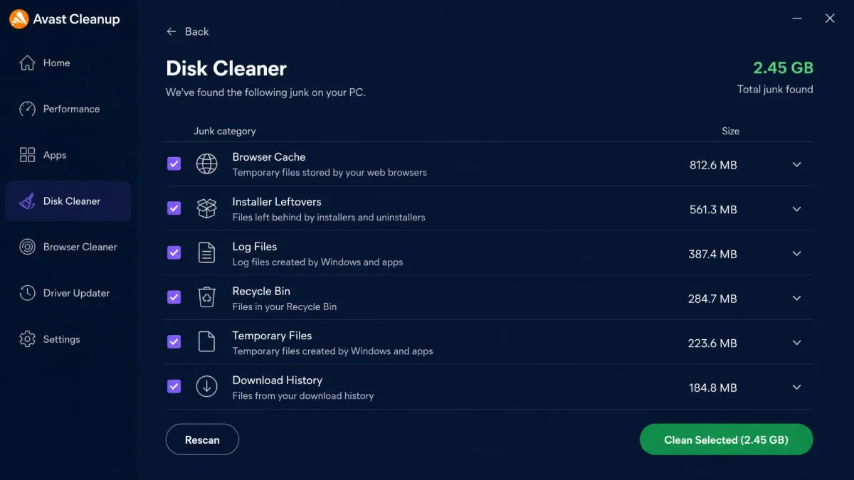 Avast Cleanup's Disk Cleaner results screen listing junk categories such as browser cache, installer leftovers, and log files, each with a size in megabytes and a checkbox.