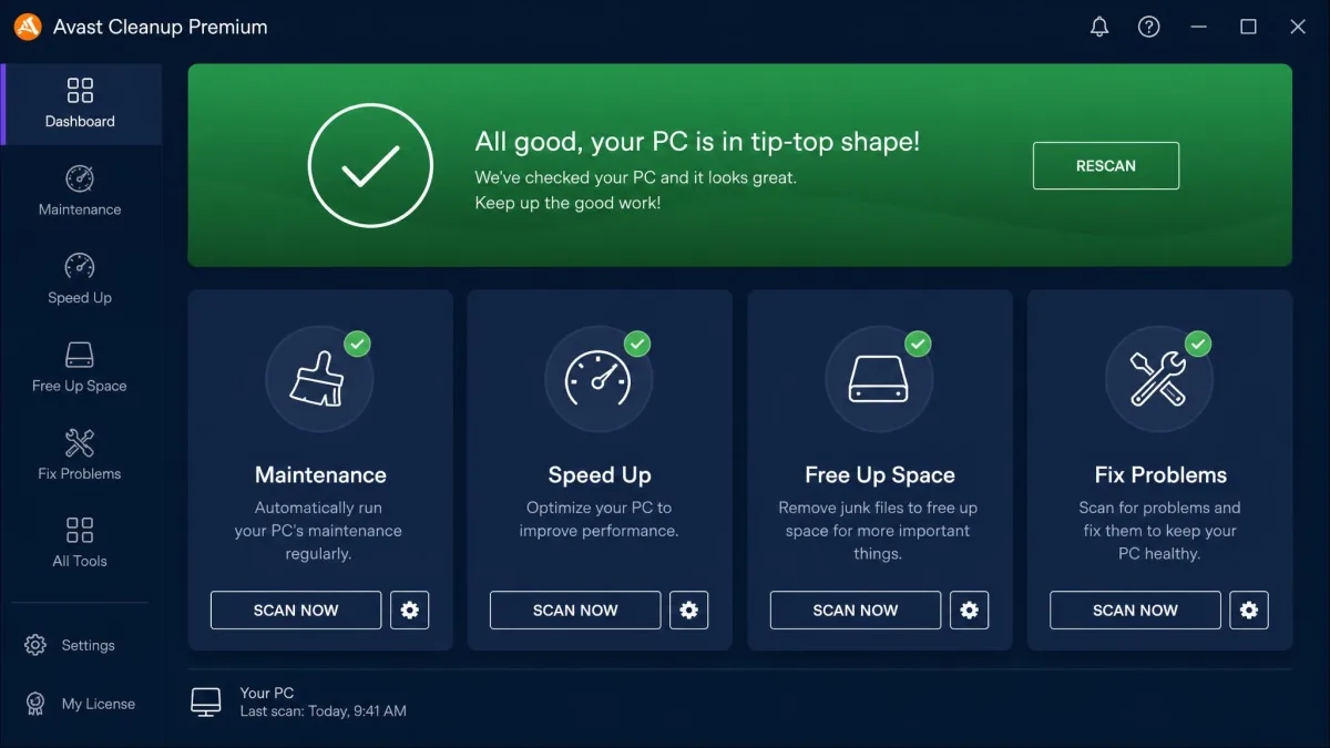 Avast Cleanup Premium's main dashboard showing the Maintenance, Speed Up, Free Up Space, and Fix Problems tiles with a green all-clear status banner across the top.