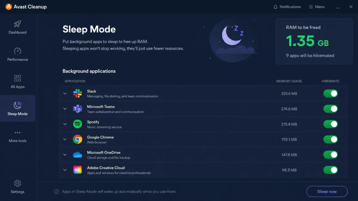 Avast Cleanup's Sleep Mode screen showing a list of background applications with toggle switches, and a summary of how much RAM hibernating them frees.