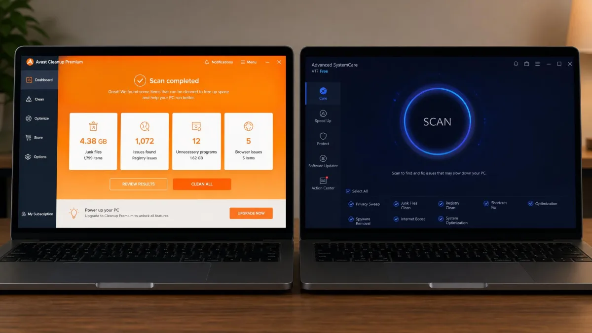 Two laptop screens side by side, the left showing Avast Cleanup Premium's orange scan-results dashboard and the right showing Advanced SystemCare's dark blue circular scan interface.
