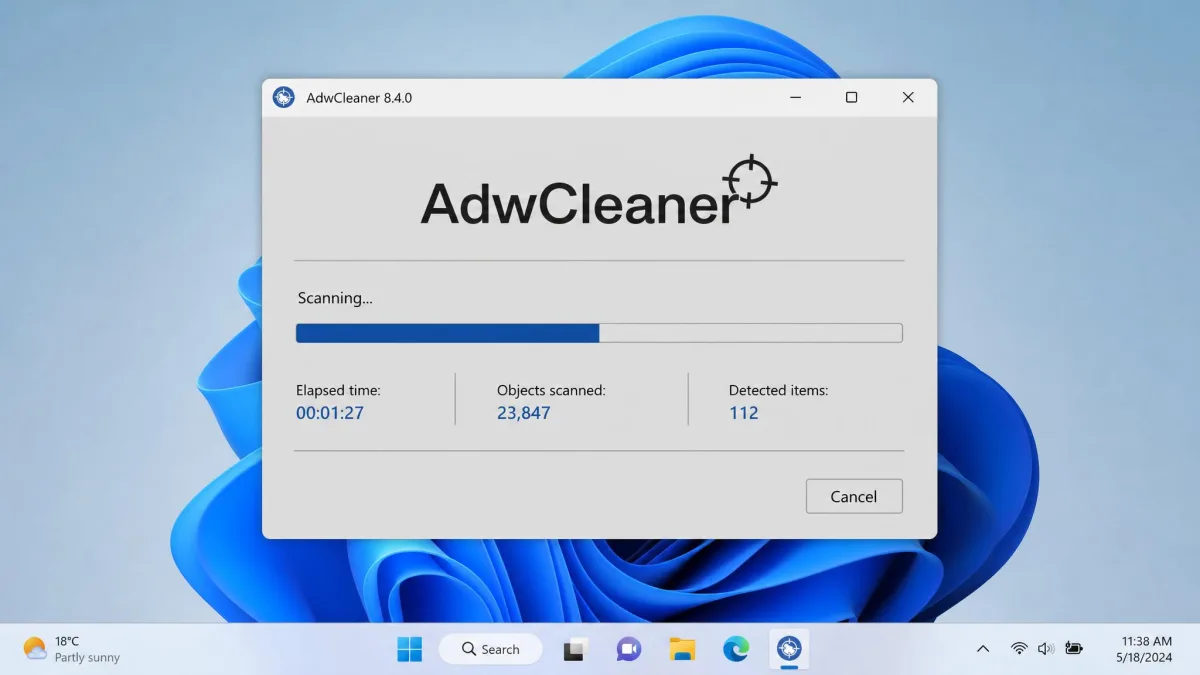 AdwCleaner's plain grey scan window mid-scan on Windows 11, showing the progress bar, elapsed time counter and the running count of detected items.