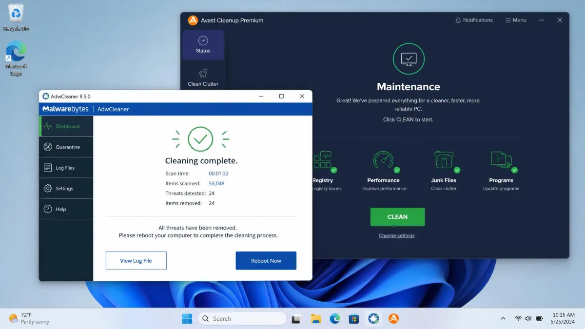 A Windows 11 screen showing AdwCleaner's post-clean reboot prompt in the foreground with the Avast Cleanup Premium maintenance screen queued behind it, illustrating the recommended run order.