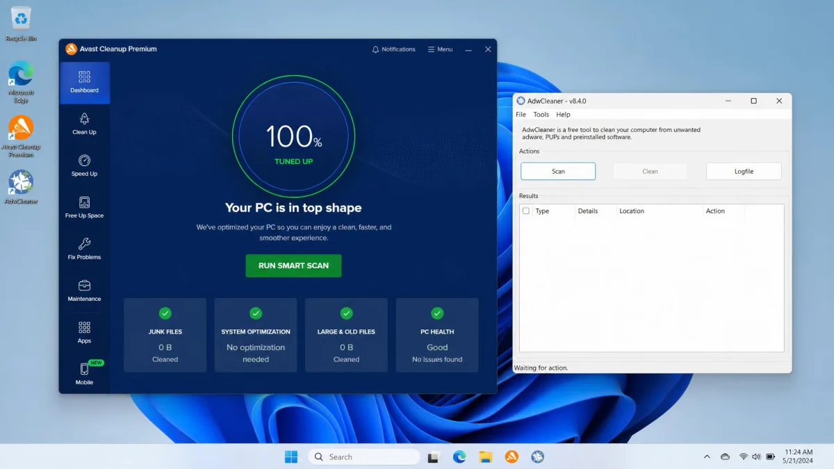Avast Cleanup Premium's blue dashboard and AdwCleaner's plain grey scan window open side by side on a Windows 11 desktop, showing the difference in interface scale between a full suite and a single-purpose scanner.
