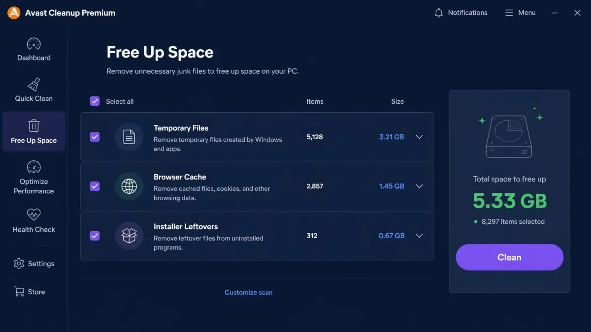 Avast Cleanup Premium's Free Up Space screen listing temporary files, browser cache and installer leftovers with a total gigabyte figure and a Clean button on the right.