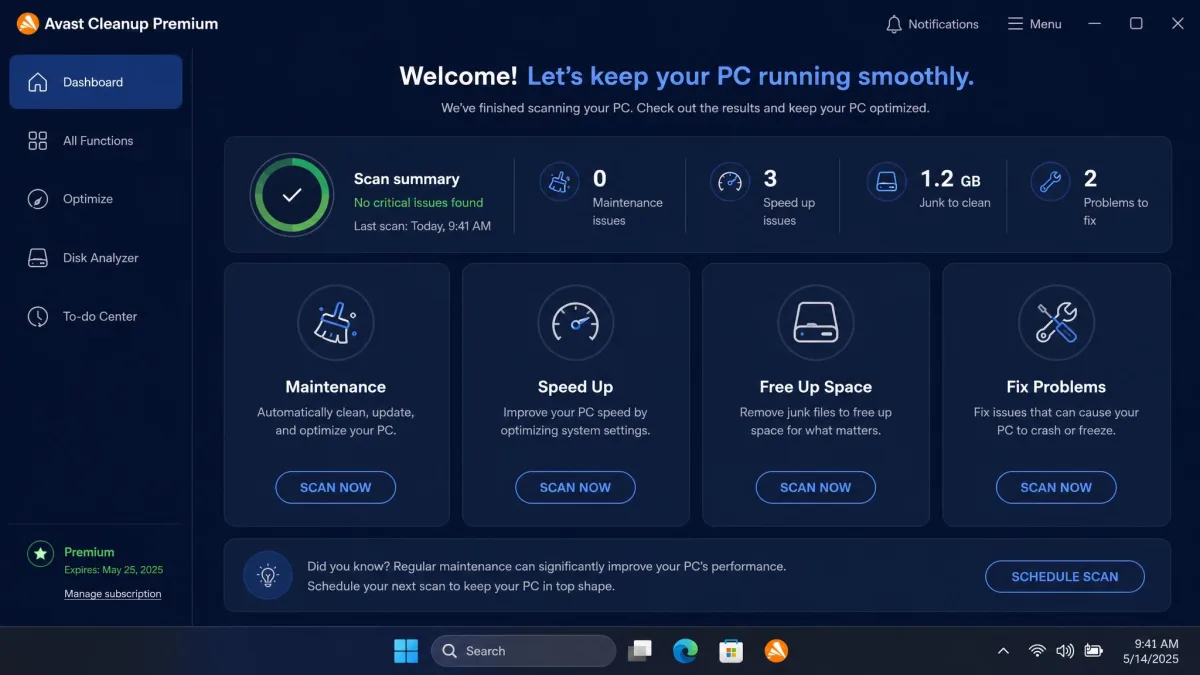 The Avast Cleanup Premium main dashboard on Windows 11, showing the Maintenance, Speed Up, Free Up Space and Fix Problems tiles with a scan summary across the top.