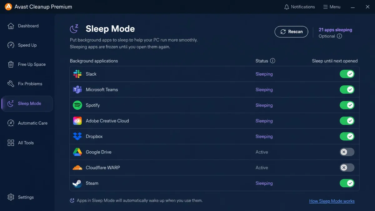 The Avast Cleanup Premium Sleep Mode panel showing a list of background applications with toggles marking which have been frozen until next opened.