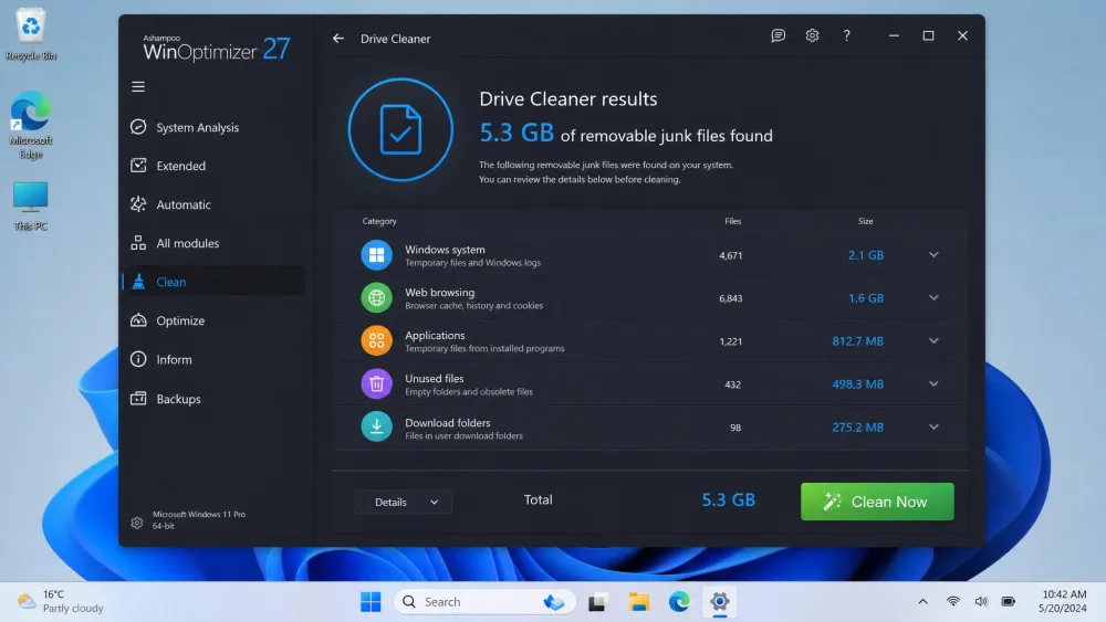 The Ashampoo WinOptimizer Drive Cleaner results screen showing 5.3GB of removable junk files grouped by category, with a green Clean Now button on a Windows 11 desktop.