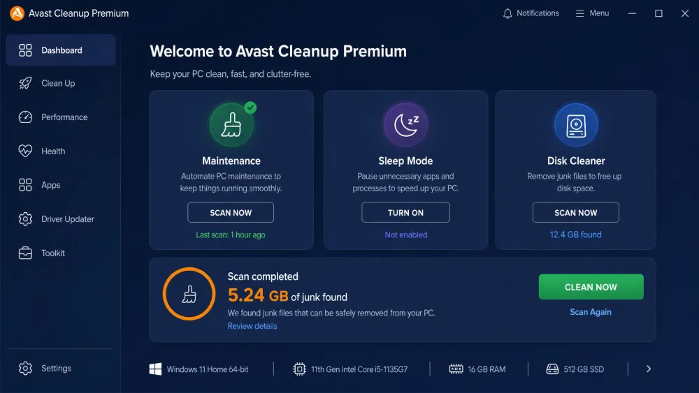 The Avast Cleanup Premium main dashboard showing the Maintenance, Sleep Mode, and Disk Cleaner tiles, with a scan summary reporting junk files found on a Windows 11 PC.