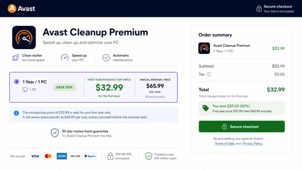 The Avast Cleanup Premium checkout page highlighting the first-year introductory price next to the higher $65.99 annual renewal figure for one PC.
