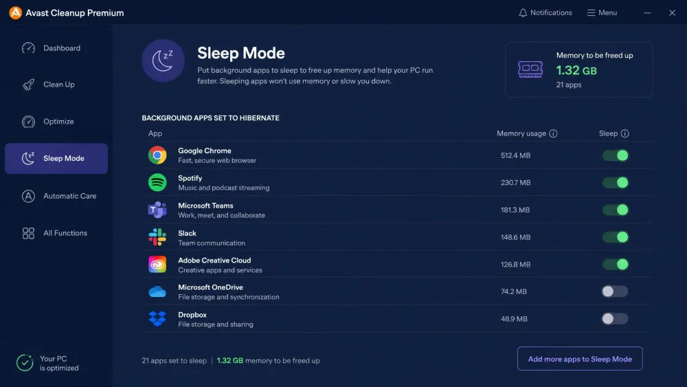 The Avast Cleanup Premium Sleep Mode panel listing background apps set to hibernate, with toggle switches showing which programs are put to sleep to free memory.