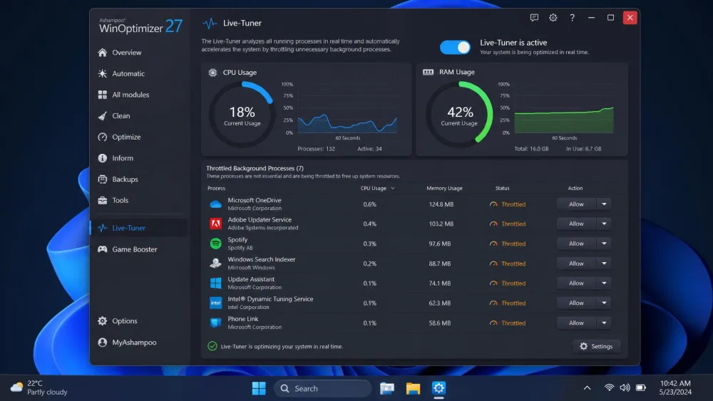 The Ashampoo WinOptimizer Live-Tuner screen showing real-time CPU and RAM usage with background processes being throttled on a Windows 11 laptop.