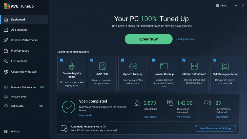 The AVG TuneUp interface on Windows showing the Scan Now button and selectable cleanup categories with a completed scan summary listing recovered disk space.