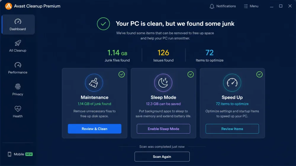 The Avast Cleanup Premium dashboard on Windows showing the Maintenance, Sleep Mode, and Speed Up tiles with a summary of junk found after a one-click scan.