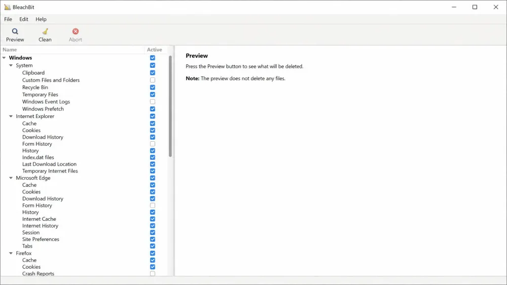 The BleachBit main window on Windows showing the left-hand checklist of application cleaners, with system cache, temporary files, and browser categories selected before a preview run.