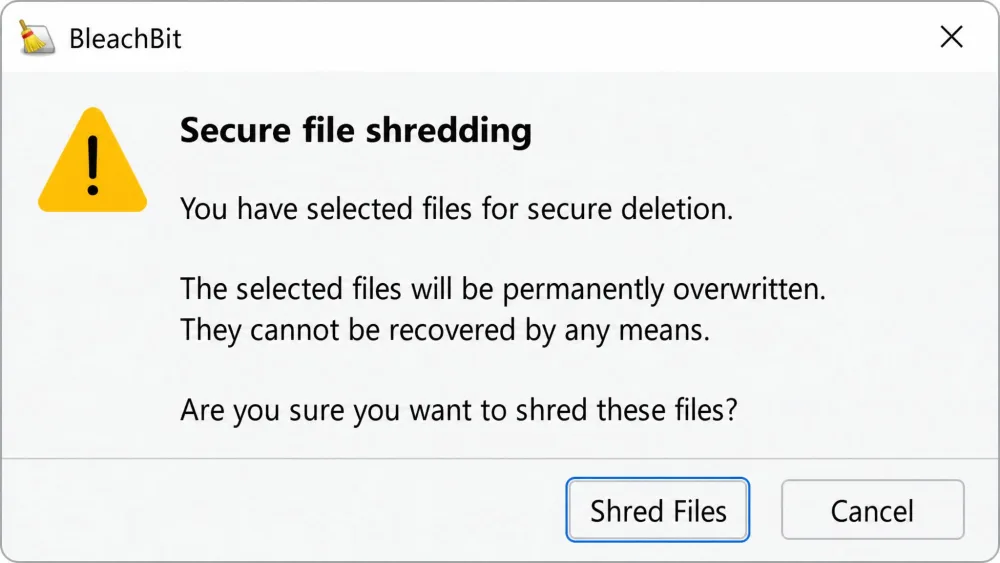 BleachBit's secure file-shredding confirmation dialog on Windows warning that the selected files will be permanently overwritten and cannot be recovered.