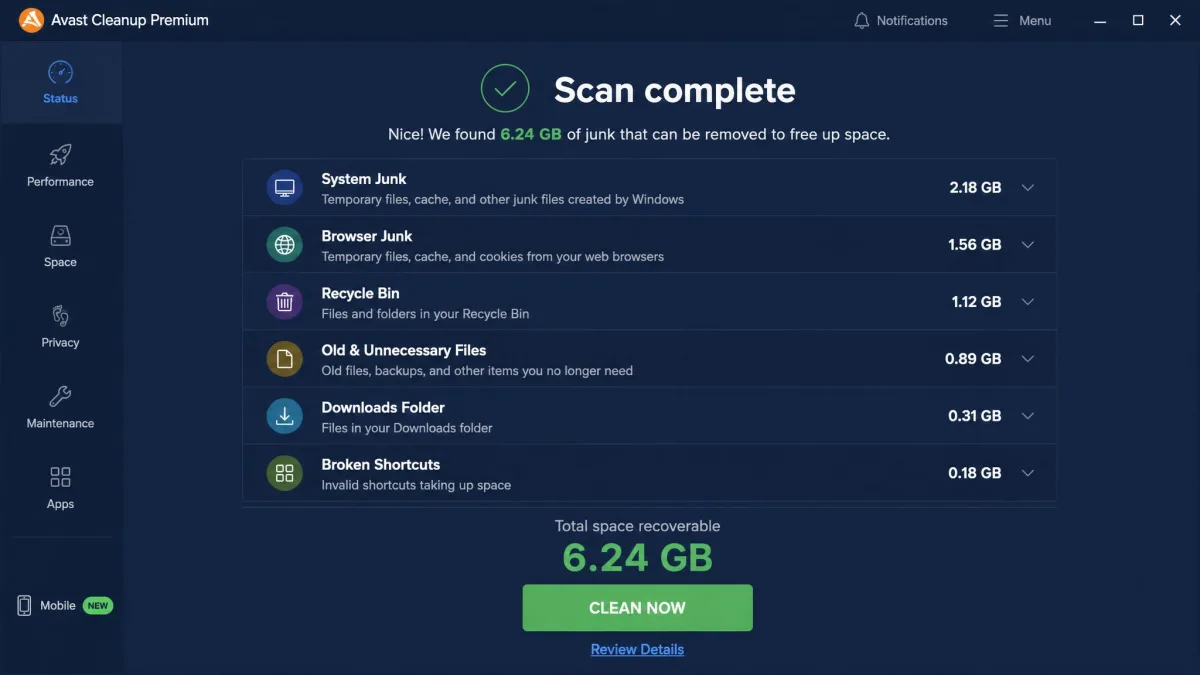 Avast Cleanup Premium scan results screen listing categories of junk files found on a Windows laptop, with total space recoverable shown in gigabytes and a clean now button below.