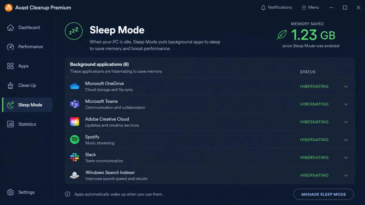 Avast Cleanup Premium's Sleep Mode screen listing background Windows applications marked as hibernating, with a memory saved figure displayed at the top of the panel.
